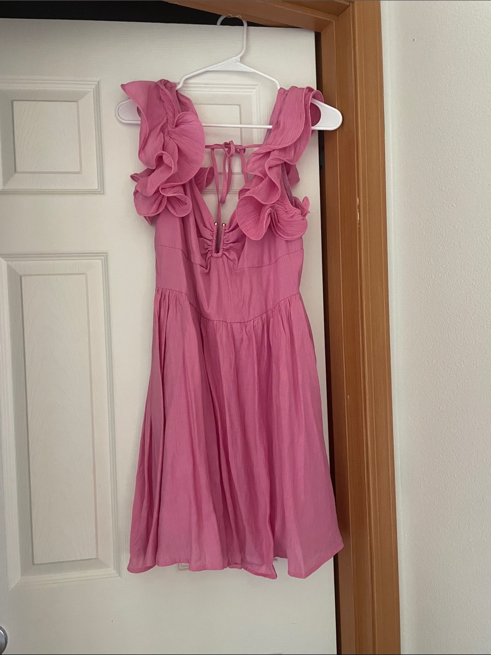pink ruffle sleeve a-line dress